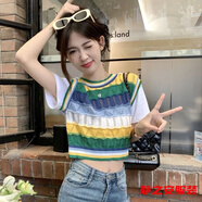 瑪菲萱假兩件彩色條紋正肩短袖t恤女夏修身顯瘦鏤空針織衫高腰短款上衣 綠色【彩色條紋】 S 160