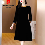 皮爾卡丹（pierre cardin）官方高端金絲絨長(cháng)袖連衣裙早秋新款時(shí)尚氣質(zhì)減齡寬松顯瘦遮肉過(guò)膝 品牌旗艦黑色【金絲絨連衣裙】 L 85-100斤