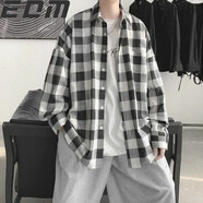 格子襯衫男港風(fēng)日系網(wǎng)紅情侶裝上衣韓版潮流帥氣寬松長袖襯衣 黑色 2XL