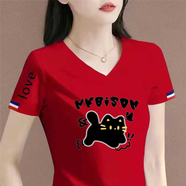 清倉撿漏尾單大牌剪標短袖女t恤夏寬松v領(lǐng)上衣正肩體恤半袖 45黑字紅色【中】字母蹦跑黑貓 XL 建議115-130斤