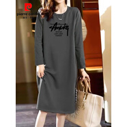 皮爾卡丹（pierre cardin）2025純棉長(zhǎng)袖長(zhǎng)裙寬松休閑過(guò)膝t恤裙簡(jiǎn)約中長(zhǎng)款連衣裙女顯瘦春秋 灰色長(zhǎng)袖(黑-AWKG字母) M 85-105斤