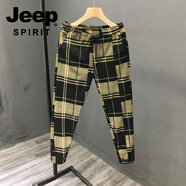 JEEP SPIRIT潮牌網(wǎng)紅格子九分褲子夏季薄款男流行小腳褲修身束腳休閑褲 卡其色 33