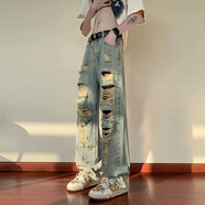 衣然呈品美式破洞牛仔褲男春秋薄款寬松直筒乞丐復古vibe潮牌做舊長(cháng)褲子男 黃泥色 L【建議110-125斤】