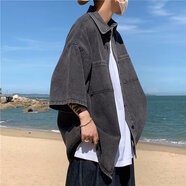 百鵲亭（BAIQUETING）港風(fēng)日系牛仔襯衫男七分袖夏季穿搭痞帥襯衣夏季外套潮牌設計感 黑色 M 建議90-110斤