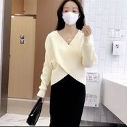 秋冬季無袖V領(lǐng)毛衣毛線馬甲女式短款立體交叉設(shè)計(jì)感長(zhǎng)袖針織毛衣上衣+小開叉高腰修身半身裙兩件套 白色毛衣單件 S_80-95