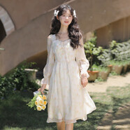 凱安尼初戀奶甜長裙子甜美溫柔蝴蝶結連衣裙少女學生小個子超仙a字裙 款式2 杏色花 M