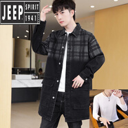 JEEP SPIRIT春秋季INS潮流牛仔外套男士中長(cháng)款風(fēng)衣帥氣寬松個(gè)性百搭翻領(lǐng) 5010-7黑色+T恤 L