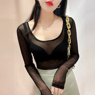 喬駿晟大領口網紗打底衫女透明低領黑色長袖內搭薄紗衣性感蕾絲上衣 黑色(前后低領) XL 適合體重125斤以內