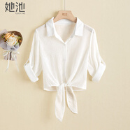 她池2026春裝新款系帶單排扣翻領(lǐng)氣質(zhì)系帶七分袖襯衫