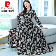 皮爾卡丹（pierre cardin）碎花連衣裙2025年春秋新款女裝氣質(zhì)仙女春秋長(cháng)*袖雪紡超仙長(cháng)款裙 2070黑色 M (95-105斤)