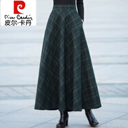 皮爾卡丹（pierre cardin）冬季毛呢長(cháng)裙半身裙加厚a字裙高腰大擺長(cháng)裙純色大碼呢子冬長(cháng)裙女 墨綠大格 2XL 2.6尺-2.7尺