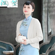 HTKD新品旗袍披肩新款春秋日常復古短外套長(cháng)袖開(kāi)衫配旗袍外搭修身女短 米白 均碼 90-140斤