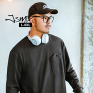 Jsmix潮牌大碼男裝寬松直筒彈力圓領(lǐng)口袋純色條紋簡(jiǎn)約休閑風(fēng)長(cháng)袖T恤衫 黑色 常規 7XL