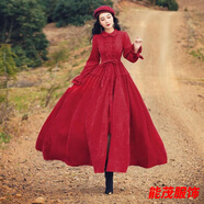 萱眸港式秋冬新款威婭紀(jì)連衣裙優(yōu)雅時(shí)尚氣質(zhì)燈芯絨復(fù)古拖地大擺長裙子 紅色開衫-禮服晚宴服 M -禮服晚宴服