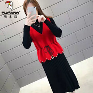 啄木鳥(niǎo)羊·毛針織連衣裙女秋冬季鑲鉆新款馬甲背心中長(cháng)款毛衣裙兩件套裝 紅色【兩件套】 M 【95-105斤】