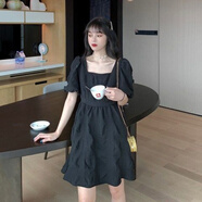 索宛亦（SUOWANYI）夏季2021新款韓版洋氣方領(lǐng)泡泡袖白色連衣裙女小個(gè)子閨蜜裝初戀 黑色(短)款 S