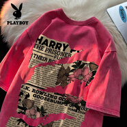 花花公子（PLAYBOY）重磅短袖t恤男玫瑰2025夏季寬松水洗做舊半袖美式大碼體.恤潮牌 水洗粉色 5XL 210斤至230斤可穿