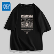 真維斯（JEANSWEST）美式純棉短袖T恤男夏季薄款潮牌春日油畫(huà)印花青少年寬松純棉打底t 黑色 線(xiàn)條風(fēng)景 M【100-115斤】