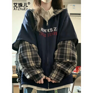 艾珠兒（Aizhuer）國潮牌拼接假兩件拉鏈開衫連帽衛(wèi)衣女春秋寬松設(shè)計感休閑百搭外套 藏青色 S