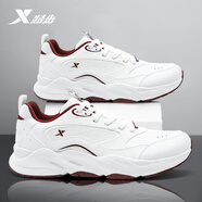 特步男鞋休閑鞋男2025秋冬新款網(wǎng)面透氣高幫板鞋男士鞋子輕便運動(dòng)鞋 0020帆白/團隊紅【皮面】 43