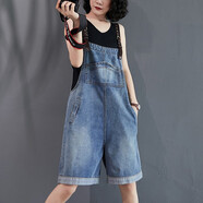 蘑菇同學(xué)減齡牛仔背帶褲女夏季新款高腰短褲女寬松韓版顯瘦吊帶五分褲潮 6046#帆布肩帶 L【建議120-140斤】