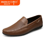 蜻蜓牌皮鞋男冬季加絨保暖鞋時(shí)尚中老年爸爸鞋男士休閑鞋真皮軟面豆豆鞋 卡其色（鏤空款） 36