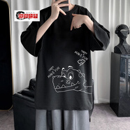 執琴之手夏季新款冰絲七分袖T恤男潮流胖子寬松上衣服韓版休閑中袖體恤男 黑色 L
