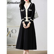 艾柔丹春秋新款連衣裙女裝秋季感氣質(zhì)時(shí)尚洋氣長(cháng)袖兩件套套裝裙子秋冬 黑色 XL