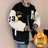 唐號(hào) 棒球服外套男美式復(fù)古潮牌拼接外套男秋季新款寬松百搭嘻哈夾克 黑色【加絨】 XL