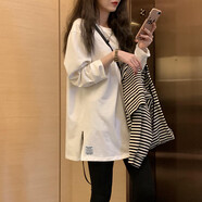 UZSC純棉白色t恤女長(zhǎng)袖寬松新款春秋冬中長(zhǎng)款開(kāi)叉打底衫內(nèi)搭體恤上衣 兩邊開(kāi)叉下擺貼標(biāo)[棉版] L