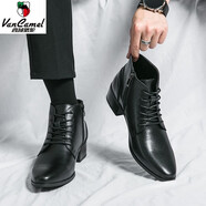 西域駱駝（VANCAMEL）真牛皮馬丁靴男士正裝英倫商務(wù)高跟高幫休閑尖頭皮鞋加絨保暖棉 黑色 41