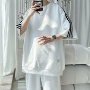 尤芮軻胖子大碼230斤華夫格白色t恤美式短袖男款半袖潮流夏季寬松大碼T T8033白色 5XL 200至230斤可穿