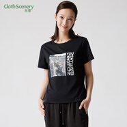 布景T恤女夏季新品簡(jiǎn)約圓領(lǐng)印花直筒短袖棉質(zhì)上衣 黑色 XL