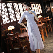 應(yīng)否奧黛改良旗袍中國(guó)風(fēng)春秋新款淑女日常蕾絲旗袍裙修身中式大擺裙 灰色9020 2XL