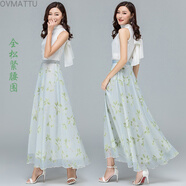 OVMATTU品牌歐麥圖夏天A字高腰長裙大擺顯瘦雪紡裙夏季女款雪紡數(shù)印花半身裙 清新綠葉 S碼1尺9-2尺