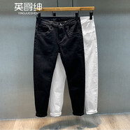 英爵紳（YINGJUESHEN）破洞黑色牛仔褲男春秋款修身小腳潮牌白色九分休閑褲子男韓版潮流 黑色不破洞8102 28