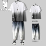 【两件套】花花公子PLAYBOY短袖T恤男夏季新款韩版潮流渐变色冰丝衣服裤子一套搭配帅气休闲卫衣套装 T0307白色+202灰色 M