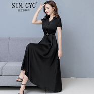 SIN.CYC女裝闊太太修身連衣裙長款夫人裙子韓版氣質(zhì)夏季洋氣遮腹裙子 黑色 2XL