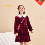 巴拉巴拉女童裙子兒童時(shí)尚年冬季款中童小童娃娃領(lǐng)絲絨連衣裙 紅色調00366 100cm