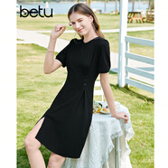 百圖betu女裝夏季新款連衣裙自然瘦腰泡泡袖短袖連衣裙女2304T90 黑色 XS