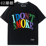 C2潮朝DONSOMKE拒絕吸煙t恤男經(jīng)典logo基礎(chǔ)印花短袖潮牌休閑寬松男半袖ins 601195 T 黑 XL/180