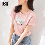 歐莎（OSA）T恤女士夏季新款衣服短袖印花上衣體恤修身潮清爽冰瓷棉感 粉色 2XL