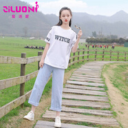 紫洛妮初中學(xué)生純棉短袖t恤女夏裝2025新款寬松少女孩15高中生休閑套裝 【套裝】白色+淺藍(lán)牛仔210876 M
