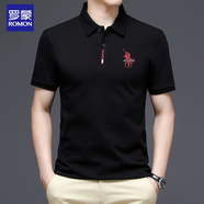 羅蒙短袖t恤男士冰絲純棉寬松POLO翻領(lǐng)衫商務(wù)休閑中年爸爸裝刺繡上衣 黑色[純棉] XL（推薦135-150斤）