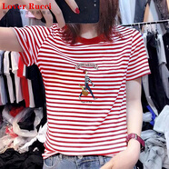 LOVER RUCCI2026年夏裝新款韓版寬松百搭黑白橫條紋短袖t恤女純棉半袖上衣潮 8687-58紅條紋 S 適合75-90斤