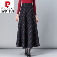 皮爾卡丹（pierre cardin）2025秋冬毛呢格子半身裙女百搭高腰A字裙中長(cháng)款加厚顯瘦大號長(cháng)裙 深藍格子 L
