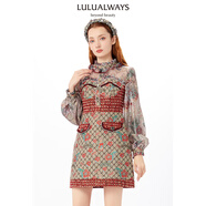 LULUALWAYS冬季新款復古拼接口袋提花小香風(fēng)連衣裙 紅色 M