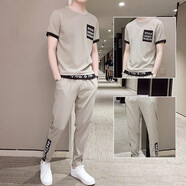 AFILMBY夏季運動套裝男衣服男裝冰絲短袖T恤健身服潮牌夏天男士休閑套裝 卡其 XXL(135-150斤)