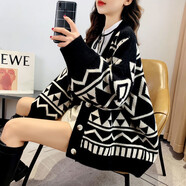 綻巢加肥加大女裝寬松大碼220斤外套春秋季碼胖mm毛衣胖女人時尚顯瘦 幾何菱形【黑色】 3XL【推薦170-200斤】