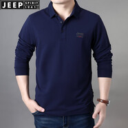 JEEP SPIRIT翻領長袖t恤寬松彈力春夏柔軟休閑開衩體恤衫莫代爾混紡薄款上衣 寶藍薄款 L (175) /96A建議135-145斤